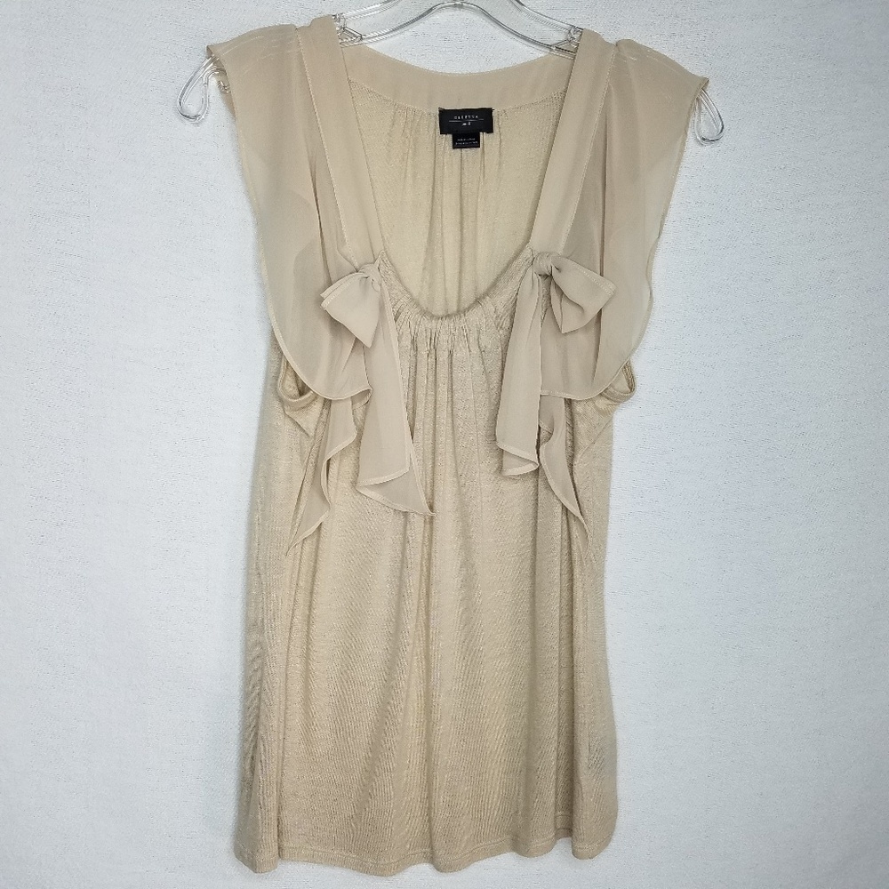 Deletta Sleeveless Blouse Bows Flutter Sheer‎ Beige